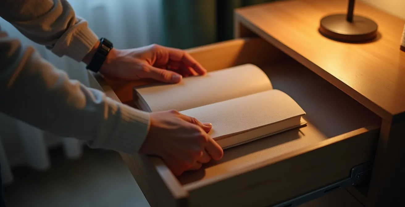 Manos organizando mesita de noche al final del día en ritual de orden nocturno