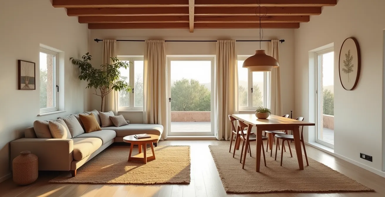 Espacio diáfano con alfombra de yute en zona de estar y diferente alfombra en comedor, iluminación diferenciada