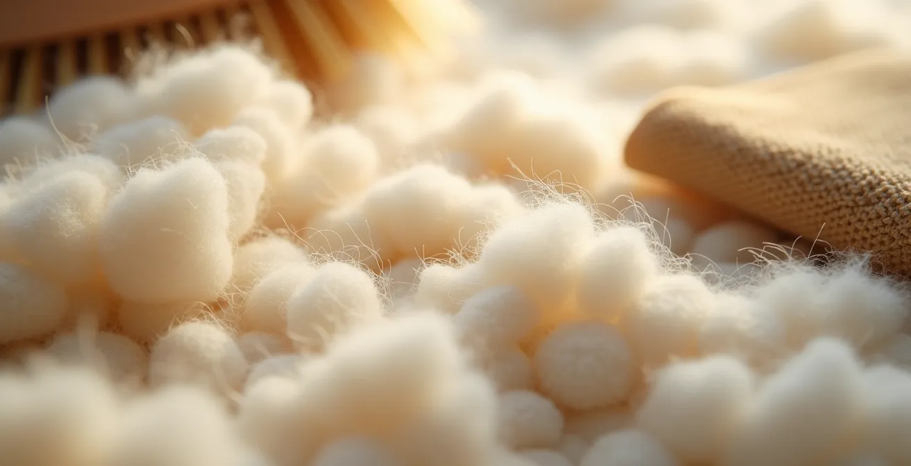 Detalle macro de tejido bouclé con herramientas de limpieza profesionales