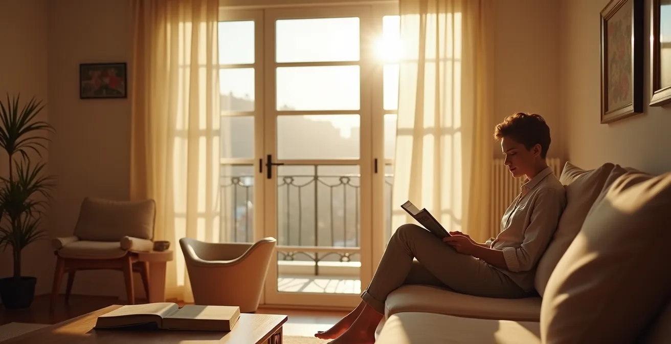 Sofá colocado perpendicular a la ventana permitiendo flujo de luz natural en todo el salón