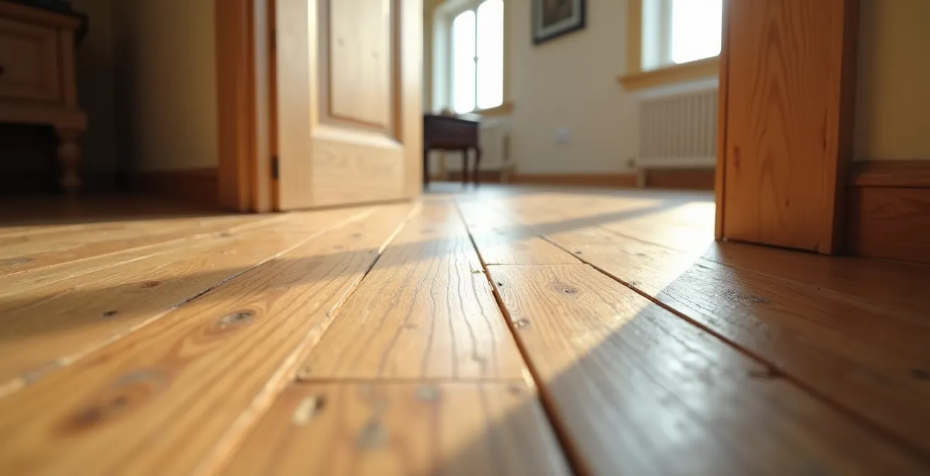 Suelo de parquet continuo instalado en dirección a la luz con puertas pintadas del mismo color que las paredes