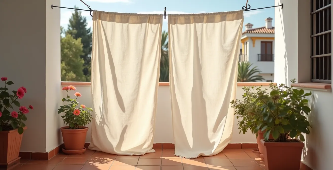 Cortinas de lino secándose a la sombra en una terraza española con corriente de aire