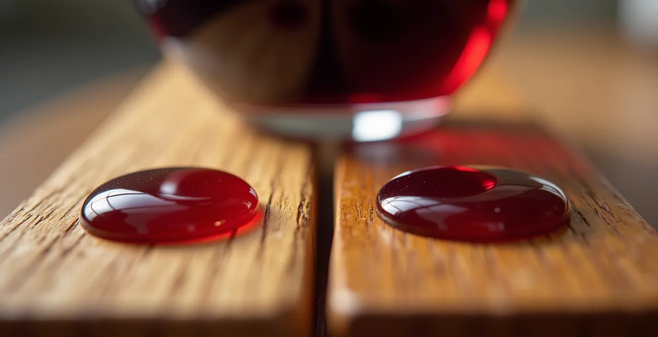 Comparativa macro de una gota de vino tinto sobre una muestra de roble tratada con aceite a la izquierda y con barniz a la derecha.