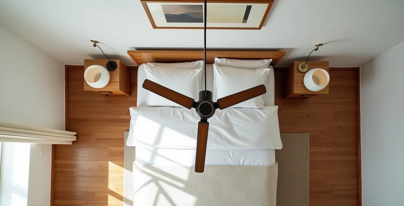 Vista cenital de un dormitorio que muestra cómo el ventilador de techo está alineado con el centro geométrico de la habitación, y no directamente sobre la cama.