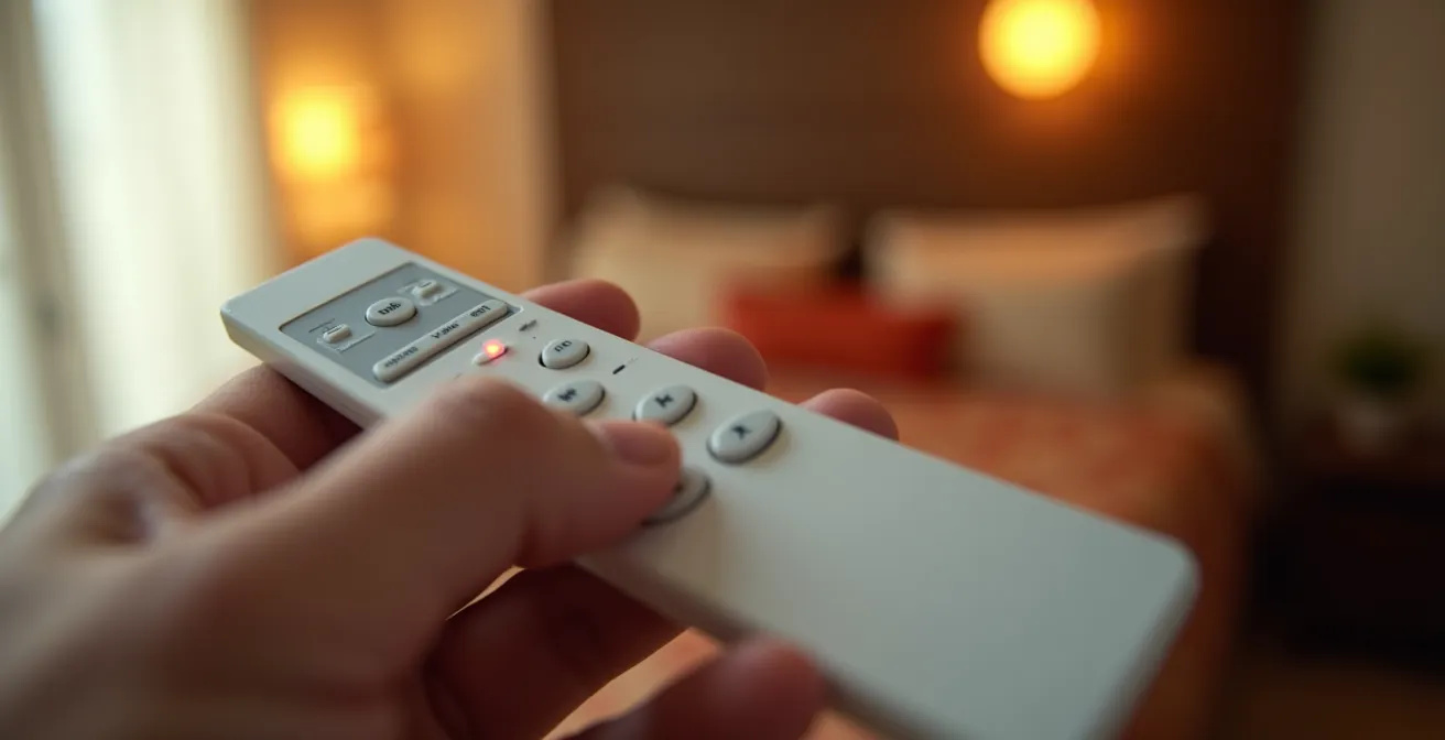 Detalle de un mando a distancia ajustando la intensidad de la luz LED de un ventilador de techo, ideal para la lectura nocturna sin molestar.