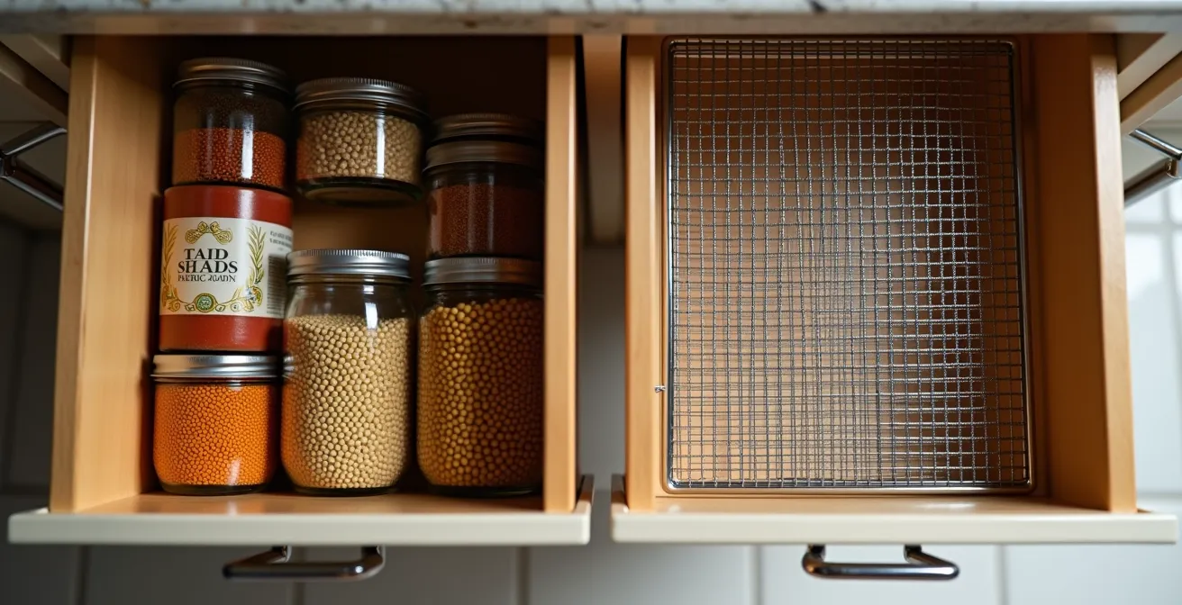 Vista cenital comparativa de un cajón opaco y un estante de rejilla metálica con productos españoles