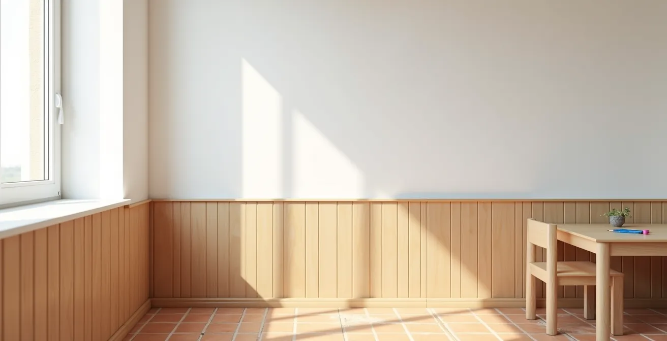 Detalle de un zócalo de madera natural que protege la parte inferior de una pared blanca en una habitación infantil de estilo mediterráneo.