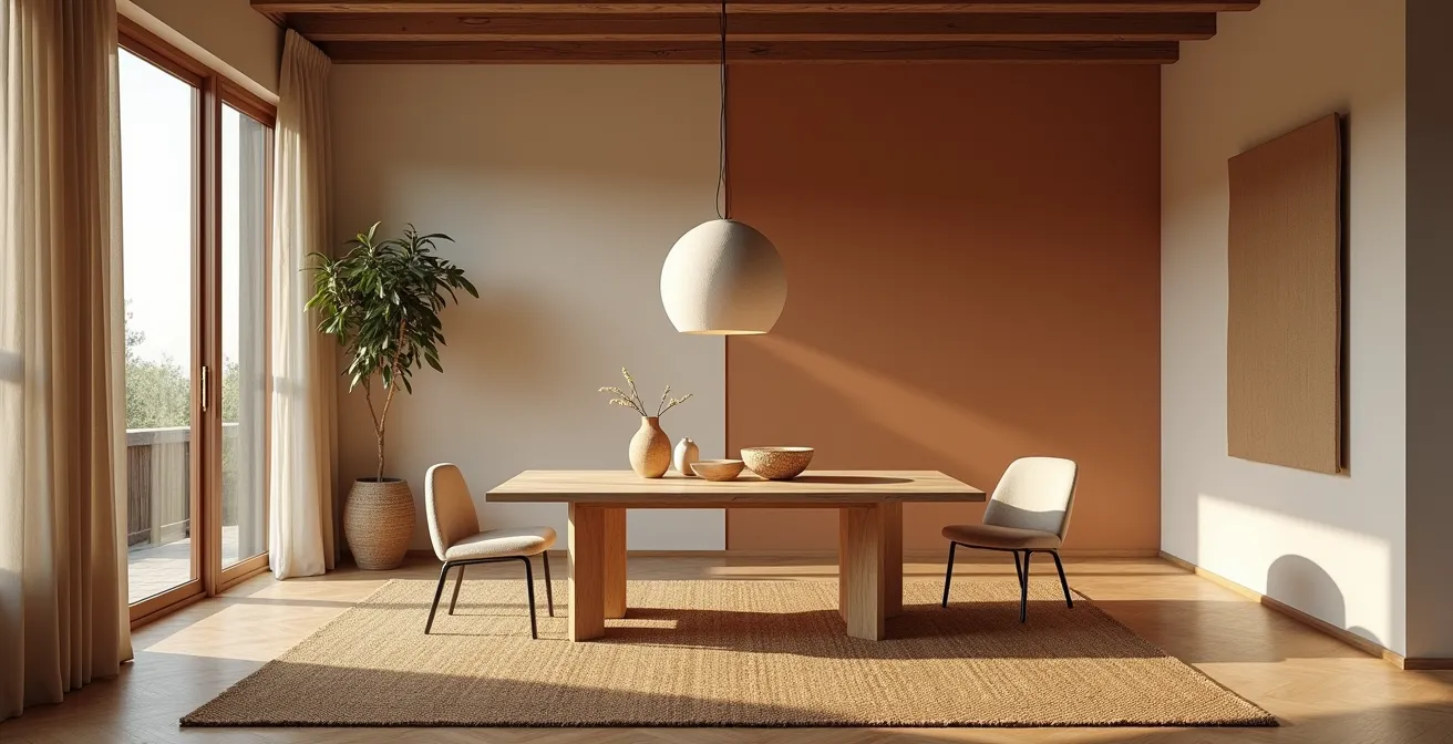 División visual de zonas mediante alfombras de fibras naturales y diferentes temperaturas de luz